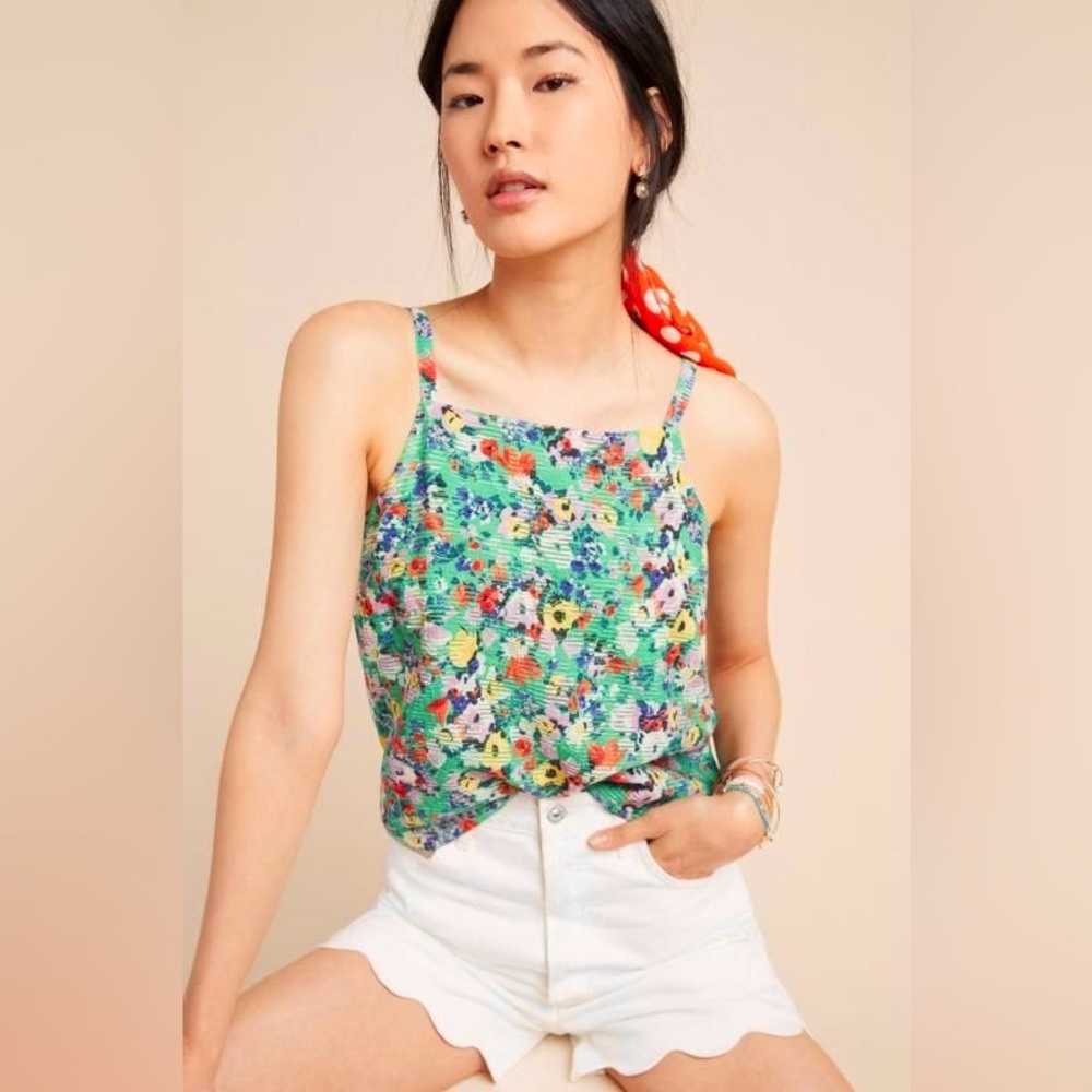 Maeve Anthropologie Green Floral ‘Quinn’ Sleeveless Cutout Tank Top, Size 4